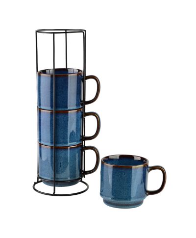 EVIE DARK BLUE Komplet 4 kubków na stojaku 4x370ml