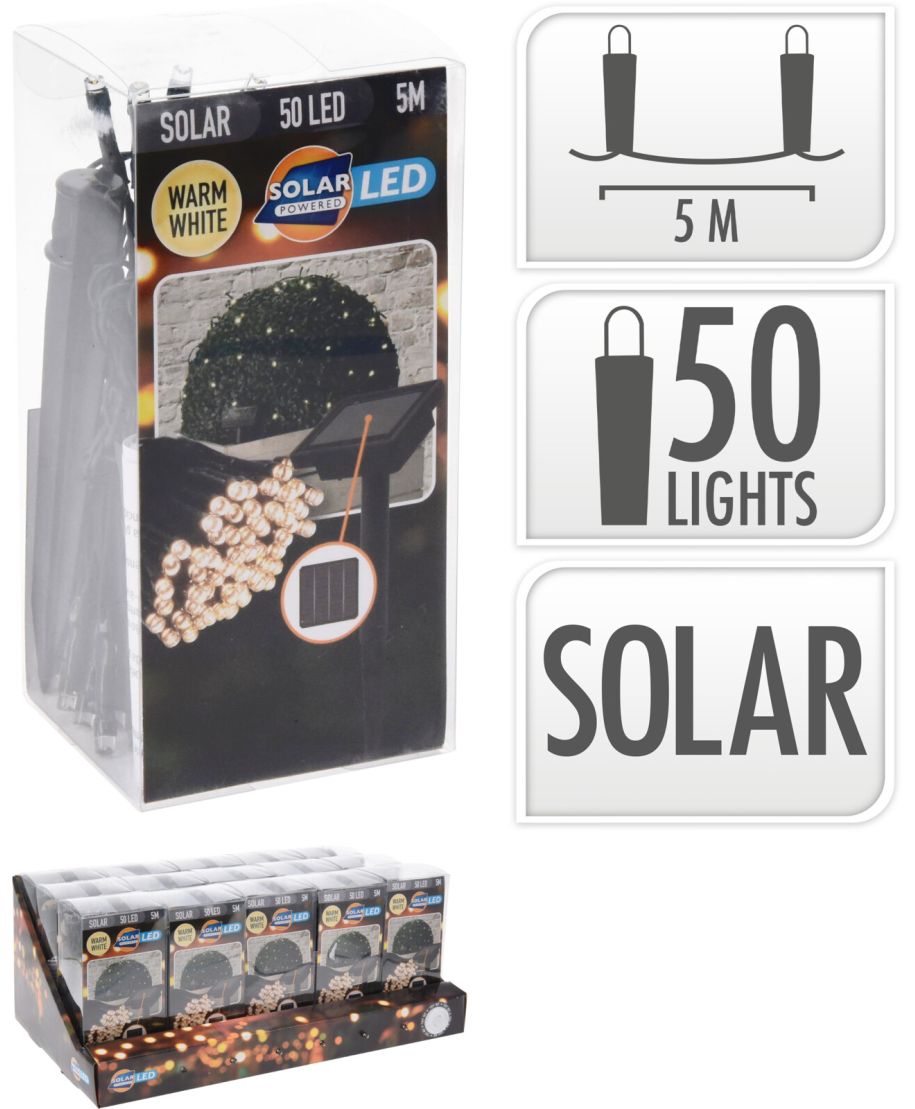 Łańcuch świetlny solarny 50 LED ciepła biel 2 m