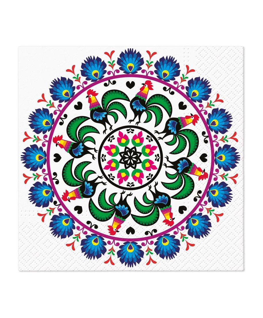 Serwetki 33x33 Folk z kogutami 20szt
