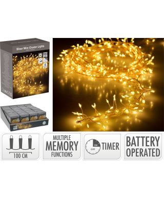 LAMPKI CLUSTER NA SREBRNYM DRUCIKU 100 LED CIEPŁA BIAŁA