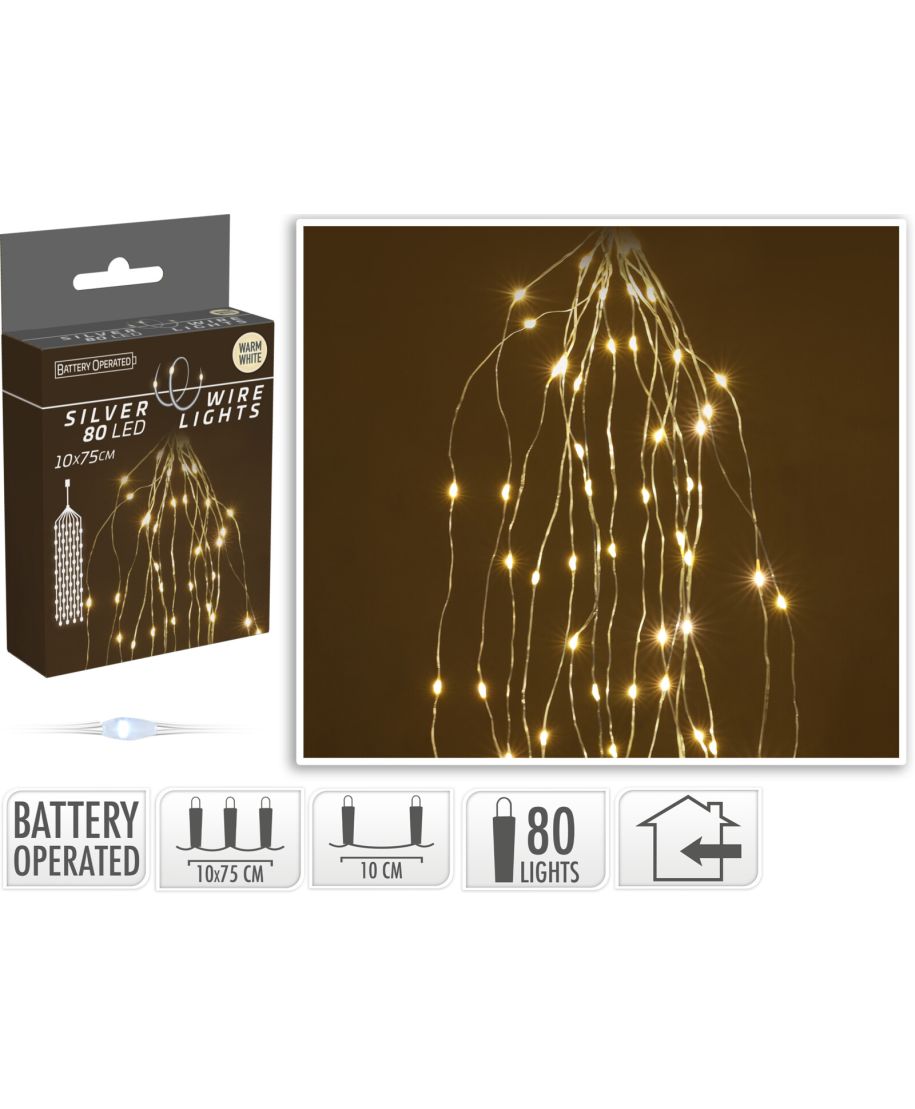 LAMPKI KASKADOWE NA SREBRNYM DRUCIKU 80LED CIEPŁA BIAŁA