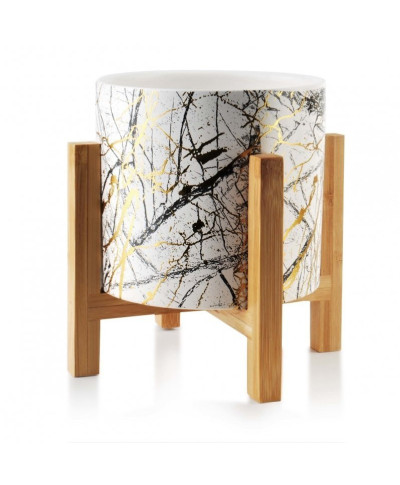 Kwietnik - Doniczka ceramiczna na drewnianym stojaku - 13x12cm