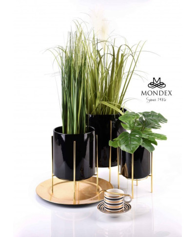 Stojak na kwiaty - Czarna doniczka ceramiczna na stojaku - 18x21cm