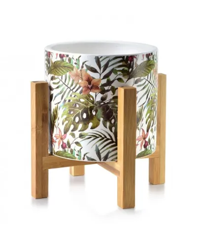 Doniczka ceramiczna - Liście - na Drewnianym stojaku - 12cm