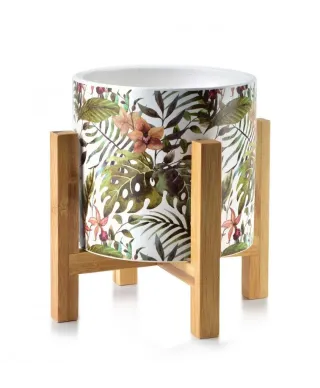 Doniczka ceramiczna - Liście - na Drewnianym stojaku - 12cm