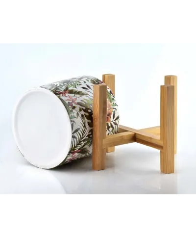 Doniczka ceramiczna - Liście - na Drewnianym stojaku - 12cm