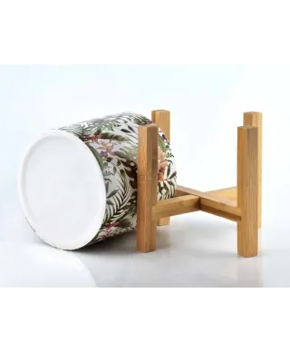 Doniczka ceramiczna - Liście - na Drewnianym stojaku - 12cm