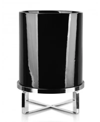 Doniczka czarna na srebrnym stojaku - Kwietnik ceramiczny - 24x26cm