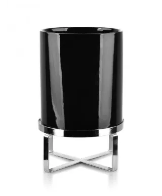 Kwietnik ceramiczny - Osłonka czarna na srebrnym stojaku - 18x21cm