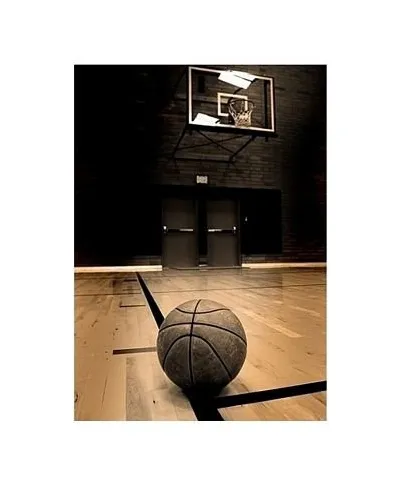 Basketball on court with hoop in the background - reprodukcja