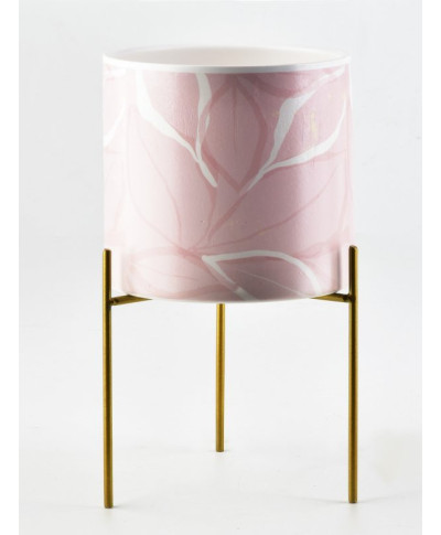 Doniczka ceramiczna na metalowym stojaku - Osłonka Różowe Liście