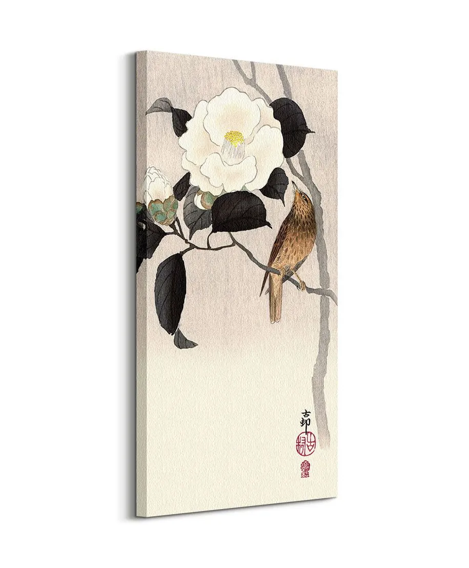 Songbird and Flowering Camellia - obraz na płótnie