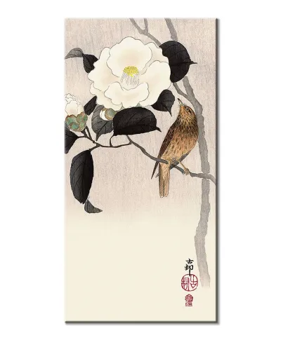 Songbird and Flowering Camellia - obraz na płótnie