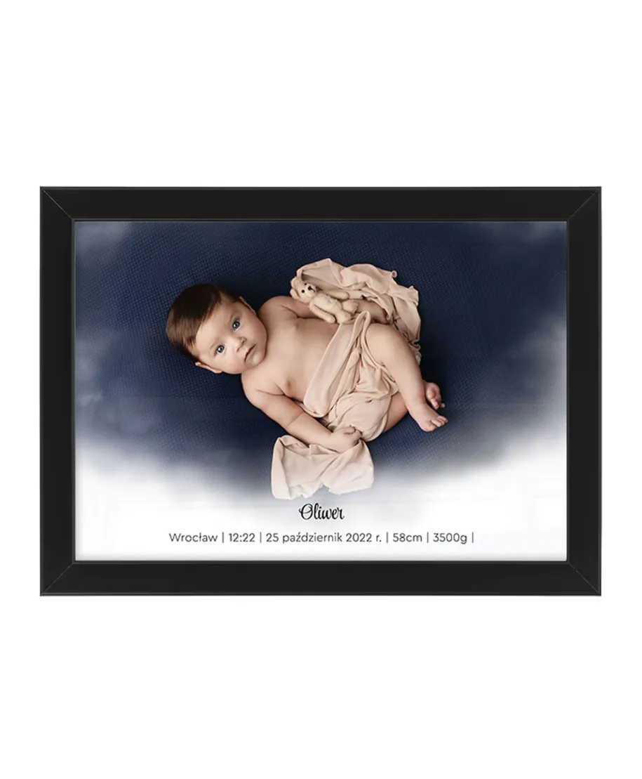 Plakat A4 ze zdjęciami Metryczka dla chłopca w czarnej ramce