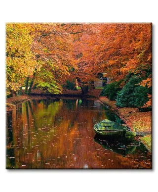 Jesiennie, jeziorko w lesie - Obraz na płótnie