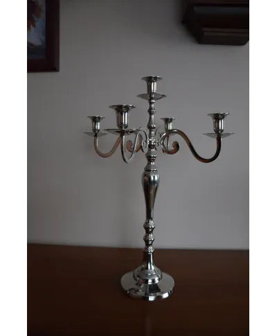 Świecznik metalowy - Kandelabr - Pięcioramienny - Mosiądz niklowany 50cm