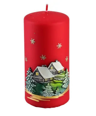 Świeca ZIMOWY DOMEK Walec duży 7x17,5cm czerwona