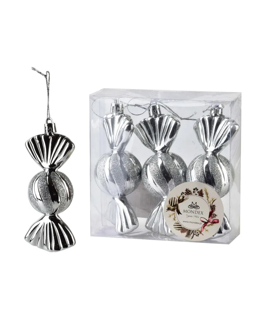 SANTA LILA Komplet 3 bombek CUKIEREK srebrne 4x4x11cm