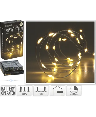 ŁAŃCUCH LED 40L CIEPŁA BIEL WEWNĘTRZNE195CM TIMER NA BATERIE