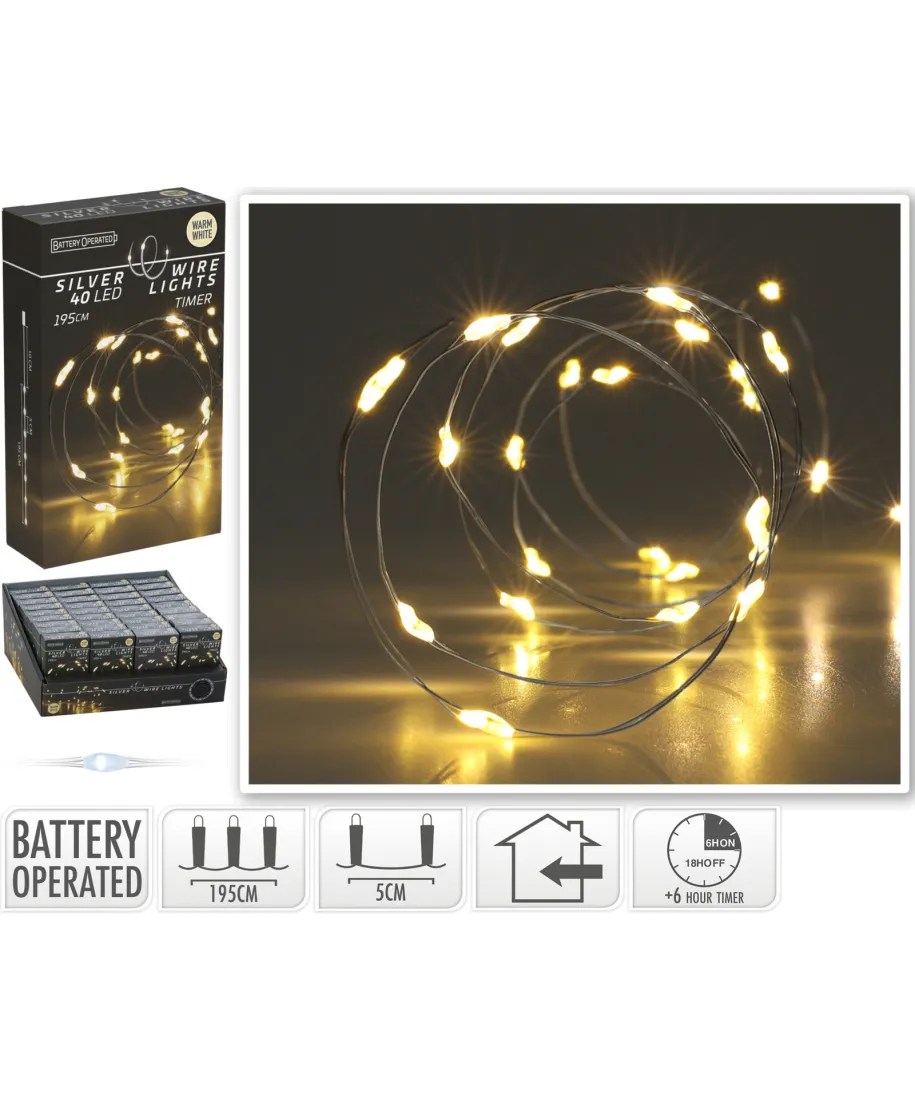 ŁAŃCUCH LED 40L CIEPŁA BIEL WEWNĘTRZNE195CM TIMER NA BATERIE