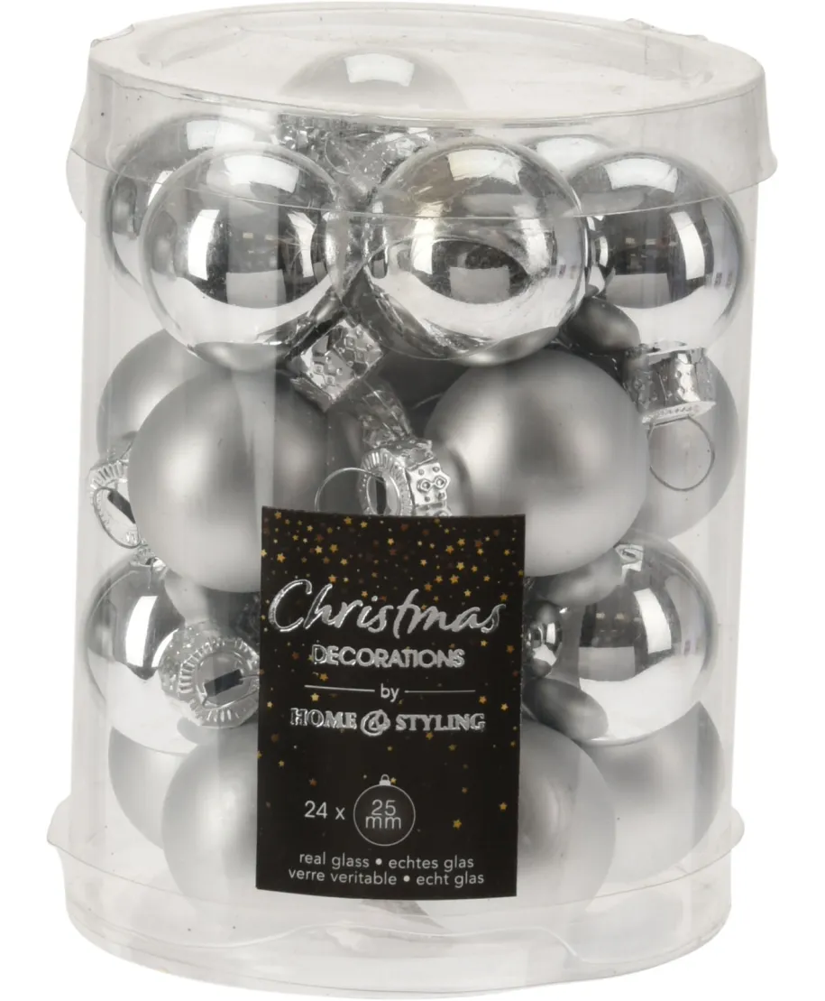 KOMPLET 24 BOMBEK SZKLANYCH 2,5CM SREBRNE