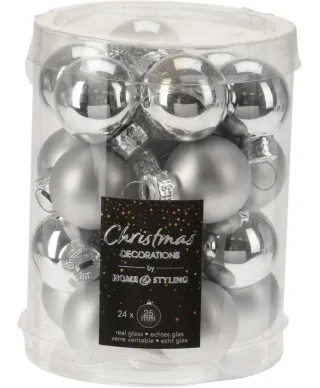 KOMPLET 24 BOMBEK SZKLANYCH 2,5CM SREBRNE