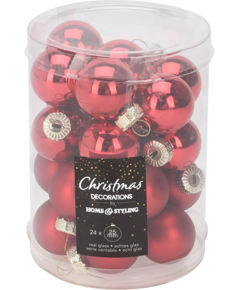 KOMPLET 24 BOMBEK SZKLANYCH 2,5CM CZERWONE