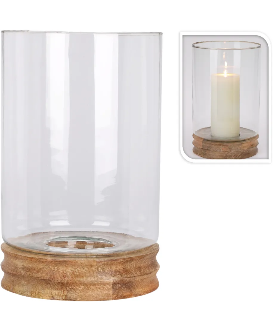 Lampion szklany 33CM drewniana podatawa